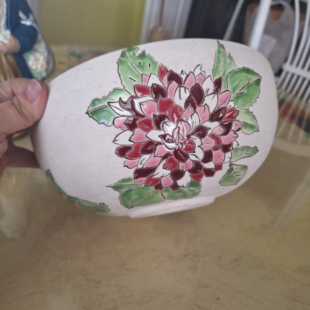 Hand Crafted Ceramic Bowl with Red and Green Floral Design